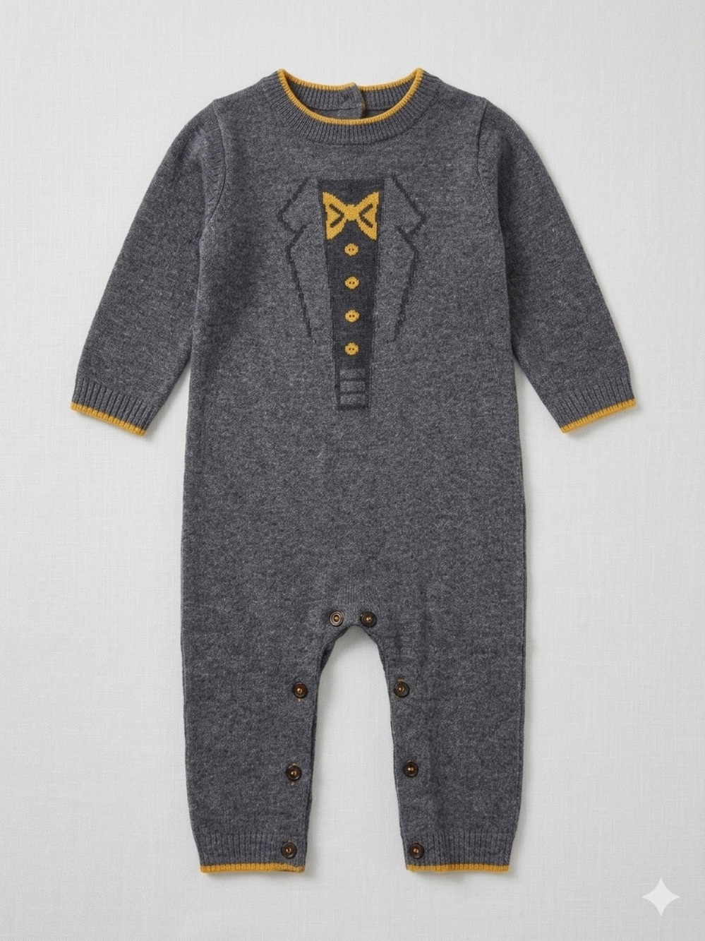 deux par deux Gray Knit Footie with Yellow Bow Accent